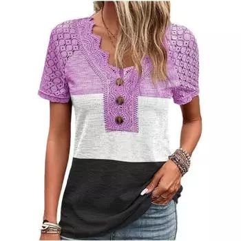 Лето 2023, топ, повседневные рубашки, футболка с v-образным вырезом, женская кружевная повседневная свободная футболка, топ, футболка с короткими рукавами, темперамент 28323 S синий