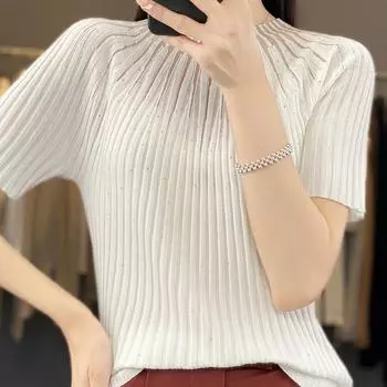 Лето 2023, трикотажная блузка, повседневные рубашки для женщин, трикотаж с круглым вырезом, футболка с защитой от солнца, пуловер с короткими рукавами и бриллиантами, футболка 28281 One Size бежевый