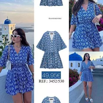 Лето 2023 в европейском и американском стиле, короткое платье с V-образным вырезом и вышивкой на талии синего цвета Small