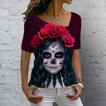 Лето 2023, винтажная женская футболка с изображением черепа, топы с v-образным вырезом, повседневный хлопковый пуловер с короткими рукавами, женская уличная одежда в стиле Харадзюку в стиле панк M