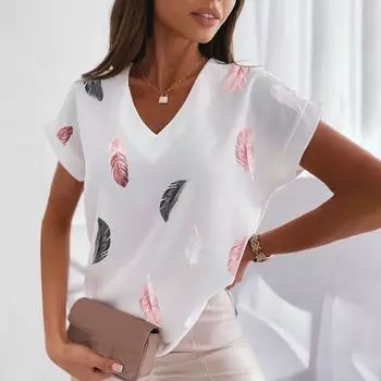 Лето 2023, женская блузка, повседневная свободная модная леопардовая полоска с v-образным вырезом, топы с короткими рукавами, рубашка Blusa Mujer 26167 S восторг