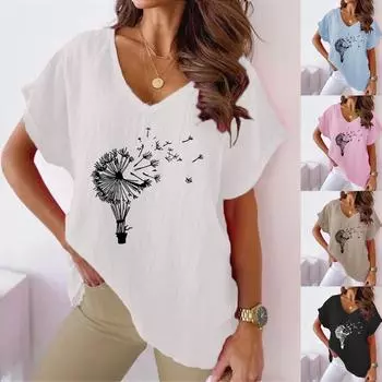 Лето 2023, женская футболка больших размеров с v-образным вырезом и принтом одуванчика, хлопковая конопляная повседневная футболка с короткими рукавами и летучей мышью S белый