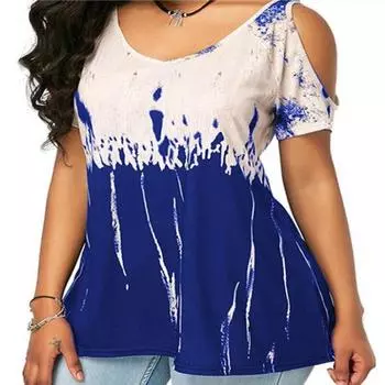 Лето 2023, женская футболка, повседневные свободные топы с открытыми плечами, футболки с короткими рукавами и принтом, футболки с круглым воротником, одежда 4XL 26271 S чёрный