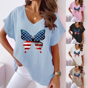 Лето 2023, женская футболка с принтом, свободная повседневная футболка с круглым вырезом и коротким рукавом S синий