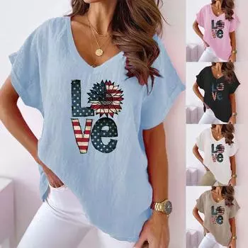 Лето 2023, женская футболка с принтом, свободная повседневная футболка с круглым вырезом и коротким рукавом s синий