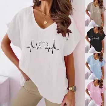 Лето 2023, женская хлопковая конопляная повседневная футболка с v-образным вырезом и принтом «Летучая мышь» и короткими рукавами, лето 2023 S синий