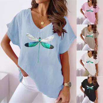 Лето 2023, женская хлопковая повседневная футболка с короткими рукавами и принтом «Летучая мышь», хлопковая конопляная футболка с v-образным вырезом и принтом «летучая мышь» S синий