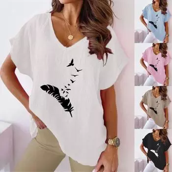 Лето 2023, женская повседневная футболка больших размеров с v-образным вырезом и принтом «летучая мышь» и короткими рукавами, большие размеры S белый