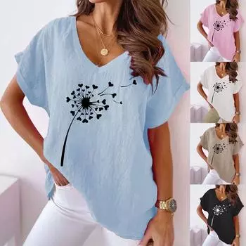 Лето 2023, женская повседневная футболка больших размеров с v-образным вырезом и цветочным принтом «летучая мышь» и короткими рукавами S синий