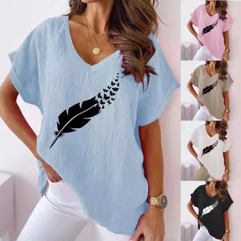 Лето 2023, женская повседневная футболка больших размеров с v-образным вырезом и принтом «летучая мышь» и короткими рукавами, большие размеры S синий