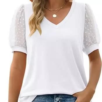 Лето 2023, женская повседневная футболка, однотонная футболка с v-образным вырезом, простая сетчатая футболка с пузырьковыми рукавами S белый