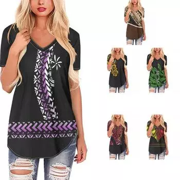 Лето 2023, женская повседневная футболка с v-образным вырезом и короткими рукавами с принтом S