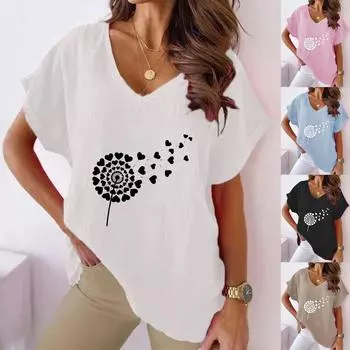 Лето 2023, женская повседневная хлопковая конопляная футболка с v-образным вырезом и принтом одуванчика «Летучая мышь» и короткими рукавами S синий