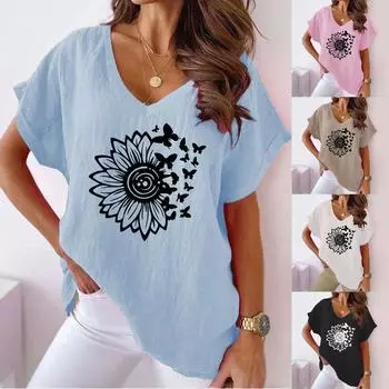 Лето 2023, женская повседневная хлопковая конопляная футболка больших размеров с цветочным принтом и v-образным вырезом, футболка с короткими рукавами и летучей мышью