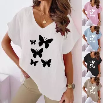 Лето 2023, женская повседневная хлопковая конопляная футболка с v-образным вырезом и принтом бабочки, летучая мышь и короткие рукава S синий