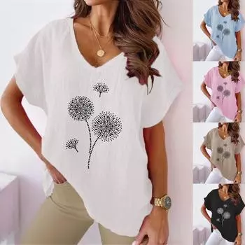 Лето 2023, женская повседневная хлопковая конопляная футболка больших размеров с цветочным принтом и v-образным вырезом, футболка с короткими рукавами и летучей мышью S белый