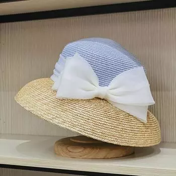 Лето 2023, женская шляпа от солнца с большим бантом в стиле Хепберн, винтажный дизайн, широкая соломенная шляпа, однотонная, с защитой от УФ-лучей, праздничная пляжная шляпа 56-58cm синий
