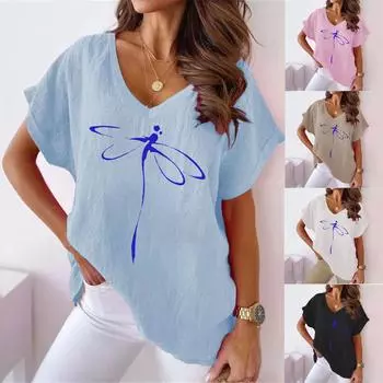 Лето 2023, женская синяя футболка с v-образным вырезом и принтом стрекозы, хлопковая конопляная повседневная футболка с короткими рукавами и летучей мышью S синий