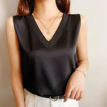 Лето 2023, женские элегантные рубашки и блузки, модные кружевные молодежные женские атласные топы без рукавов с v-образным вырезом, шелковые блузки Para Mujer 24842 M шампанского