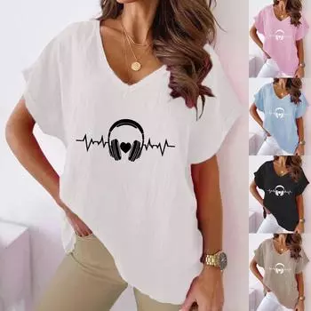 Лето 2023, женские наушники Love с принтом, хлопковая конопляная повседневная футболка с v-образным вырезом и летучей мышью, с короткими рукавами S синий