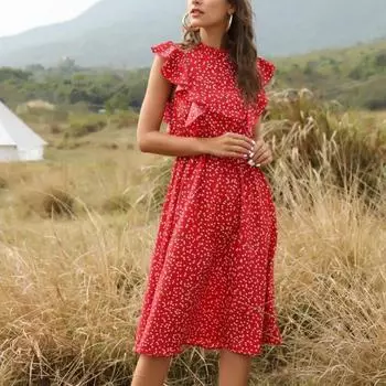 Лето 2023, женские шифоновые платья с принтом, женские элегантные вечерние длинные платья, офисные женские платья с круглым вырезом и оборками без рукавов 27883 S орион