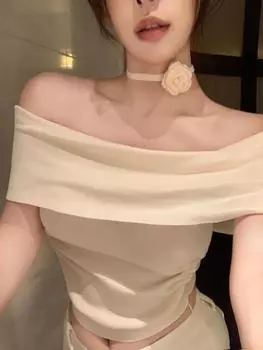 Лето 2024, элегантная милая блузка, офисная женская повседневная рубашка с коротким рукавом, женская вечерняя рубашка, тонкий Y2k, корейский модный укороченный топ, новый one size чёрный