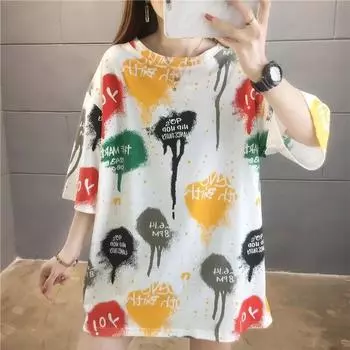 Лето 2024, белые футболки с короткими рукавами и буквенным принтом, корейский топ с графикой y2k, длинная футболка, женская футболка большого размера в стиле Харадзюку, одежда для подружек M белый