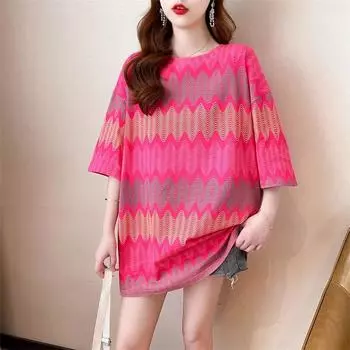 Лето 2024, большие футболки с рисунком, топ, корейские повседневные свободные футболки с короткими рукавами, женские топы в стиле Харадзюку, молодая женская уличная одежда M красный