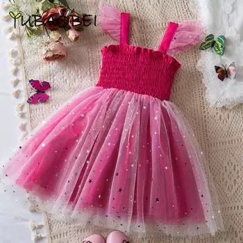 Лето 2024, детская одежда, тюлевое платье для девочек 2, 3, 4, 5, 6 лет, сетчатое платье-пачка принцессы с блестками и звездами, платья принцессы на подтяжках 2T розы красного