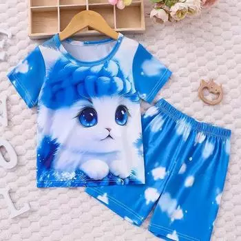 Лето 2024, детские комплекты из футболки и шорт с короткими рукавами из полиэстера с 3D принтом милого котенка для мальчиков и девочек от 4 до 14 лет, милые комплекты из футболки и шорт 100CM
