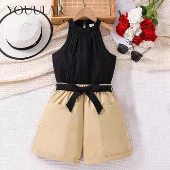 Лето 2024 г., большая детская одежда, новые детские топы без рукавов с лямкой на шее и шорты, костюмы 8Y чёрный