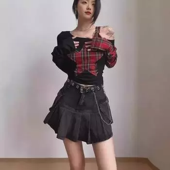 Лето 2024 г., черно-серая плиссированная джинсовая юбка с высокой талией — облегающий, универсальный, модный дизайн. 4XL серый/чёрный