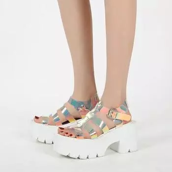 Лето 2024 г., цветные белые сандалии на толстой подошве на каблуке 8,5 см, большая женская обувь, оптовая продажа с фабрики Lhx 35 белый