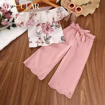 Лето 2024 г. для девочек: топы с воротником-лодочкой с принтом + брюки, костюм из 2 предметов 6Y розовый