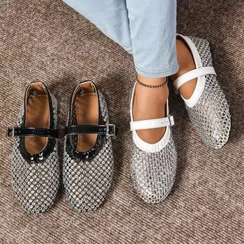 Лето 2024 г., дышащие полые туфли на плоской подошве с сетчатой пряжкой, женские сандалии с бриллиантами, модные полые туфли, женские туфли для рыболовной сети 35 чёрный