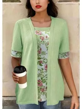 Лето 2024 г. Футболка из двух частей с короткими рукавами в европейско-американском стиле для женщин L светло-зеленый