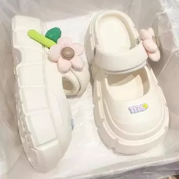 Лето 2024 г., модные женские тапочки молочного цвета с закрытым носком и толстой подошвой, визуально увеличивающие рост 36-37