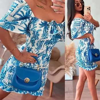 Лето 2024 г., новое мини-платье с принтом для отдыха и отпуска в Европе и Америке с открытыми плечами S синий