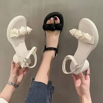 Лето 2024 г. Новые модные туфли на толстом каблуке с открытым носком на платформе с пряжкой и цветочным принтом Повседневные плоские сандалии для женщин 35