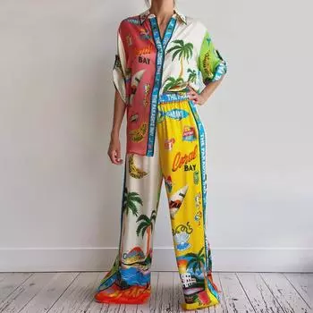 Лето 2024 г. Свободная женская рубашка с принтом и брюки в европейском и американском стиле, повседневный комплект из двух предметов. S