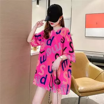 Лето 2024 г., женская футболка большого размера в корейском стиле с буквенным принтом и графикой y2k, топы, длинная футболка Harajuku, подруга, каваи, одежда, уличная одежда M красный