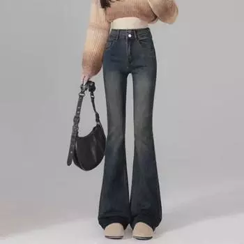 Лето 2024 г. Женские джинсы клеш с высокой талией цвета цемента и серого цвета - Стиль ретро для миниатюрных 2XL