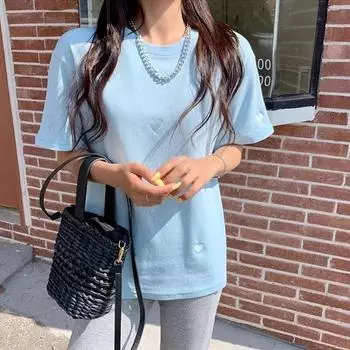 Лето 2024 года, футболки Harajuku, милая женская повседневная футболка с вышивкой в Корейском стиле, свободная футболка с короткими рукавами, женские белые топы, уличная одежда y2k M синий