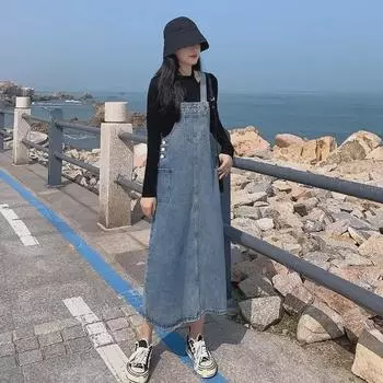 Лето 2024 года, гонконгский стиль, ретро-джинсовый комбинезон с высокой талией для девочек Small синий/джинсовый