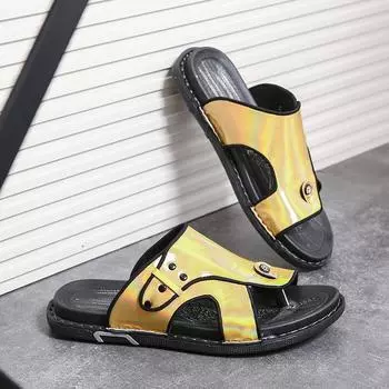 Лето 2024 года, хит продаж, мужская пляжная обувь, водонепроницаемые нескользящие домашние тапочки, высококачественная золотая мужская повседневная обувь на плоской подошве 39 чёрный