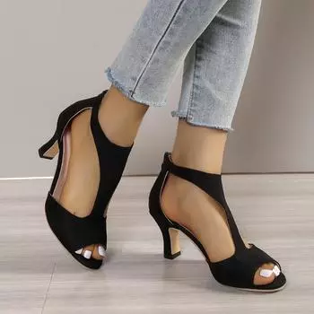 Лето 2024 года, хит продаж, женские босоножки на высоком каблуке, сексуальные туфли с острым носком и открытым носком, модные простые босоножки с застежкой-молнией сзади 35 чёрный