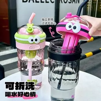 Лето 2024 года, интернет-знаменитость, популярная большая емкость, стаканчик для льда, свежий и простой, для девочек, высококачественный детский пластиковый стаканчик соломой 1L