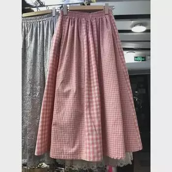 Лето 2024 года. Юбка А-силуэта из хлопка и льна в клетку в лесном стиле для женщин (Маленький размер) S синий