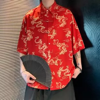 Лето 2024 года, китайское традиционное платье, высококачественная рубашка с вышивкой дракона, мужские рубашки из ледяного шелка с короткими рукавами, красные рубашки в китайском стиле XXXL красный
