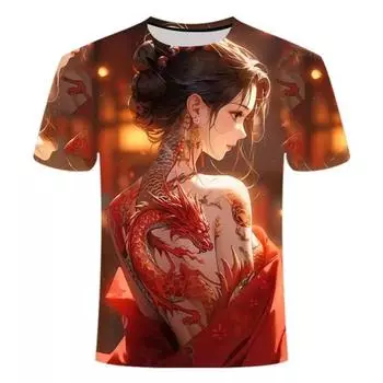 Лето 2024 года, новая 3D футболка с короткими рукавами, модный принт, персонализированная серия трендов красоты для мужчин и женщин, круглый вырез горловины XS